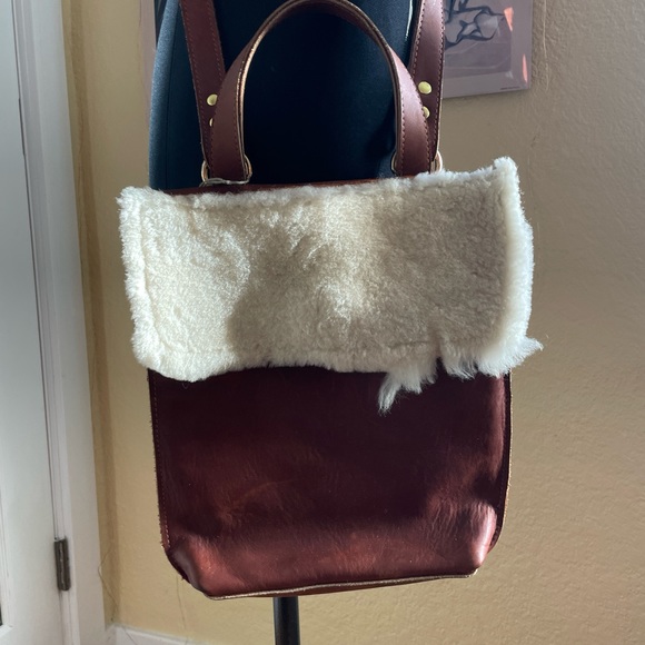 Genuine Leather Brown Crossbody Satchel Bag with Shearling Fur Trim - Picture 3 of 10